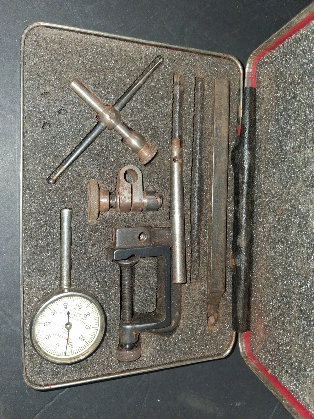 vintage Starrett No. 196 Universal Back-Plunger Dial Indicator Set complete with